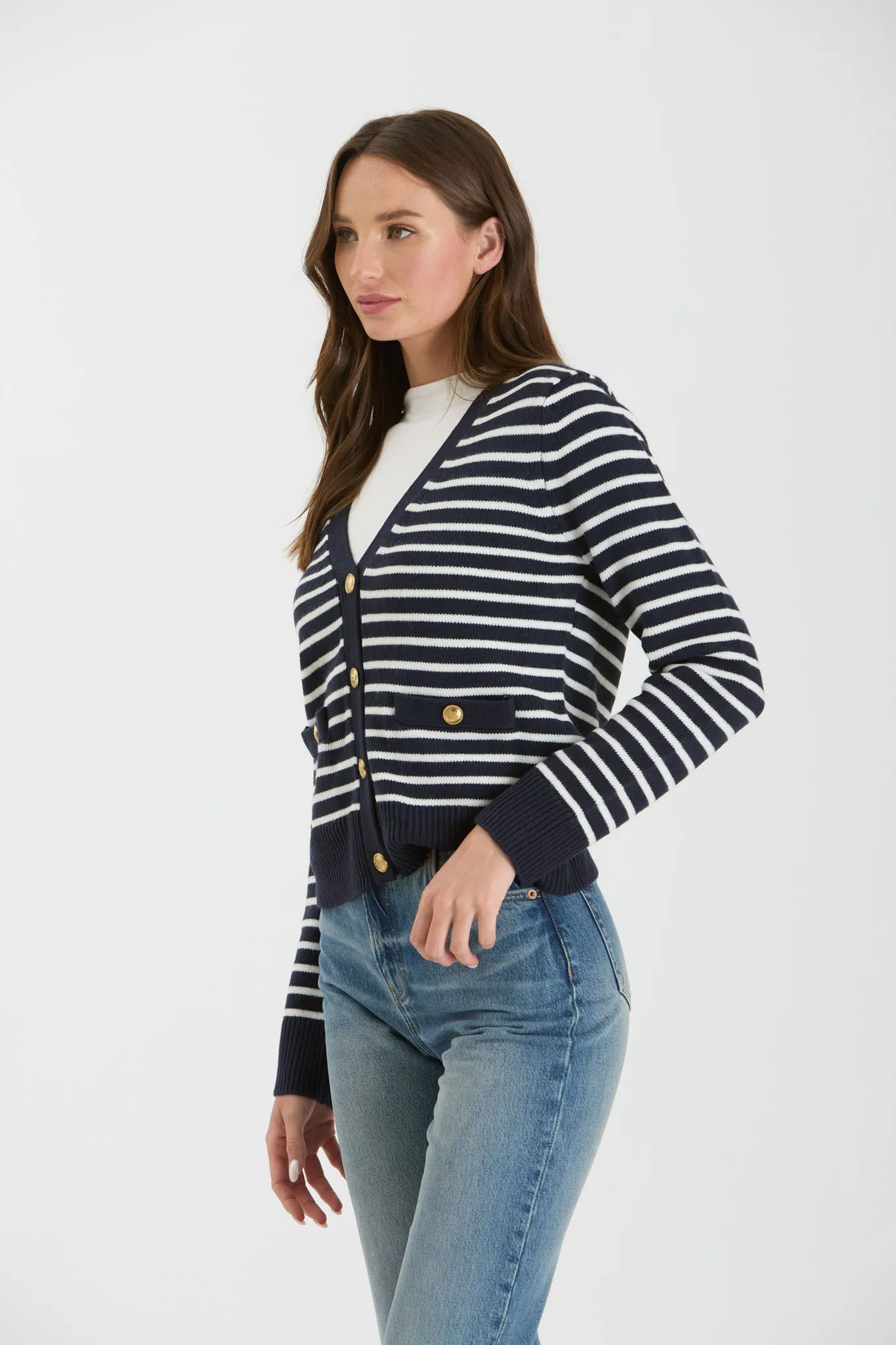 STRIPE V NECK GOLD BUTTON DOWN KNIT CARDIGAN sold by Blu Pepper product image thumbnail 3