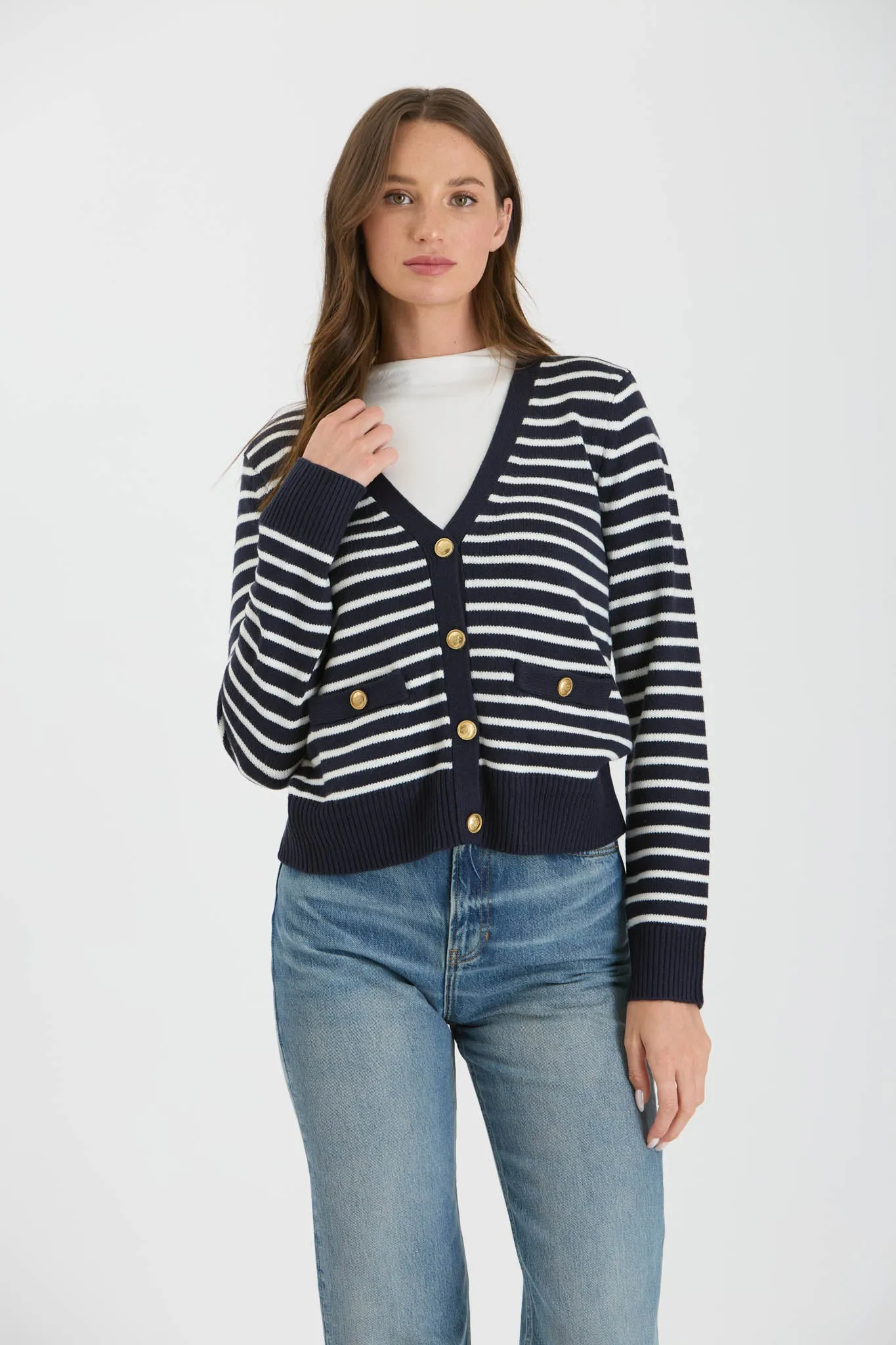 STRIPE V NECK GOLD BUTTON DOWN KNIT CARDIGAN sold by Blu Pepper product image thumbnail 4