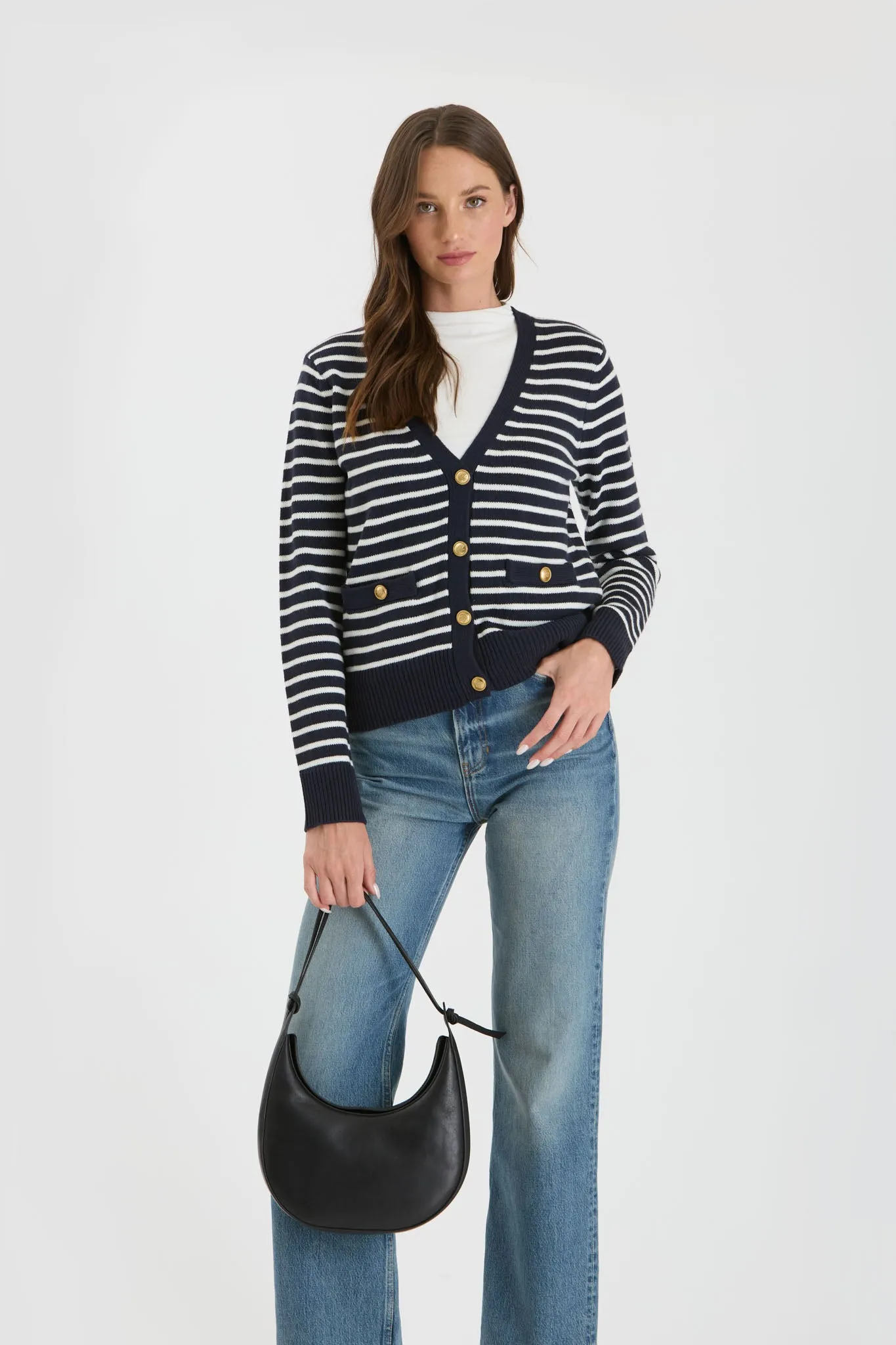 STRIPE V NECK GOLD BUTTON DOWN KNIT CARDIGAN sold by Blu Pepper
