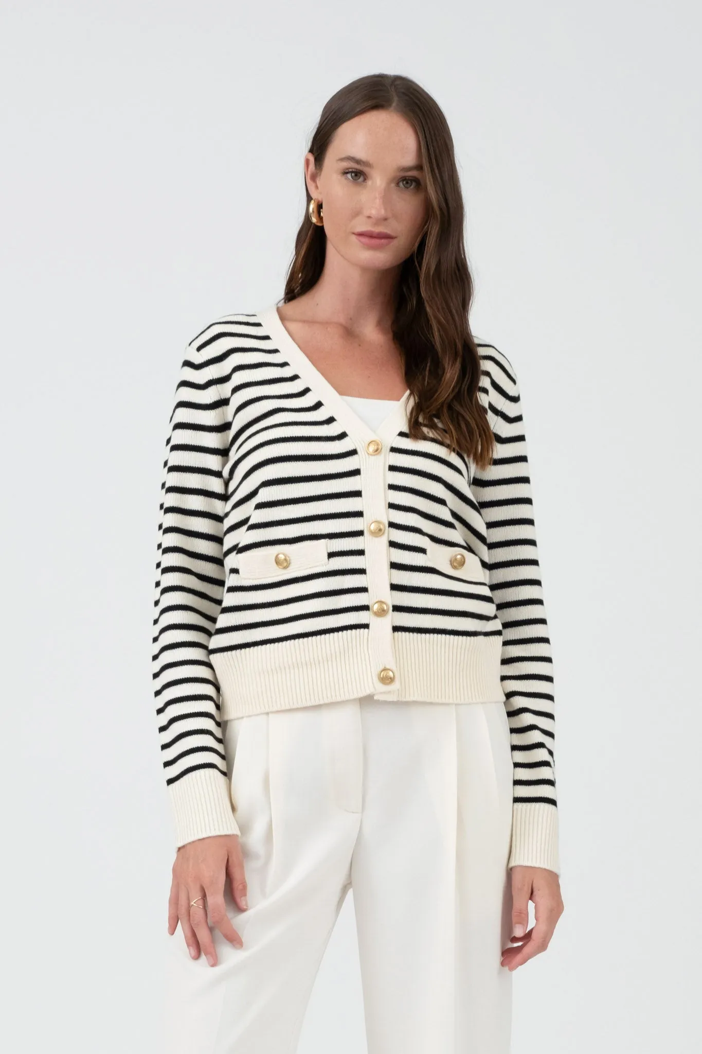 STRIPE V NECK GOLD BUTTON DOWN KNIT CARDIGAN sold by Blu Pepper product image thumbnail 5