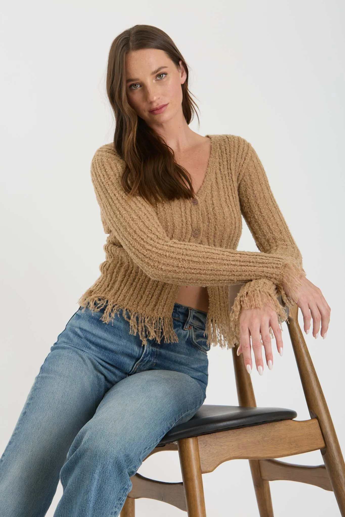 FRINGE V NECK BUTTON FRONT KNIT CARDIGAN sold by Blu Pepper product image thumbnail 5