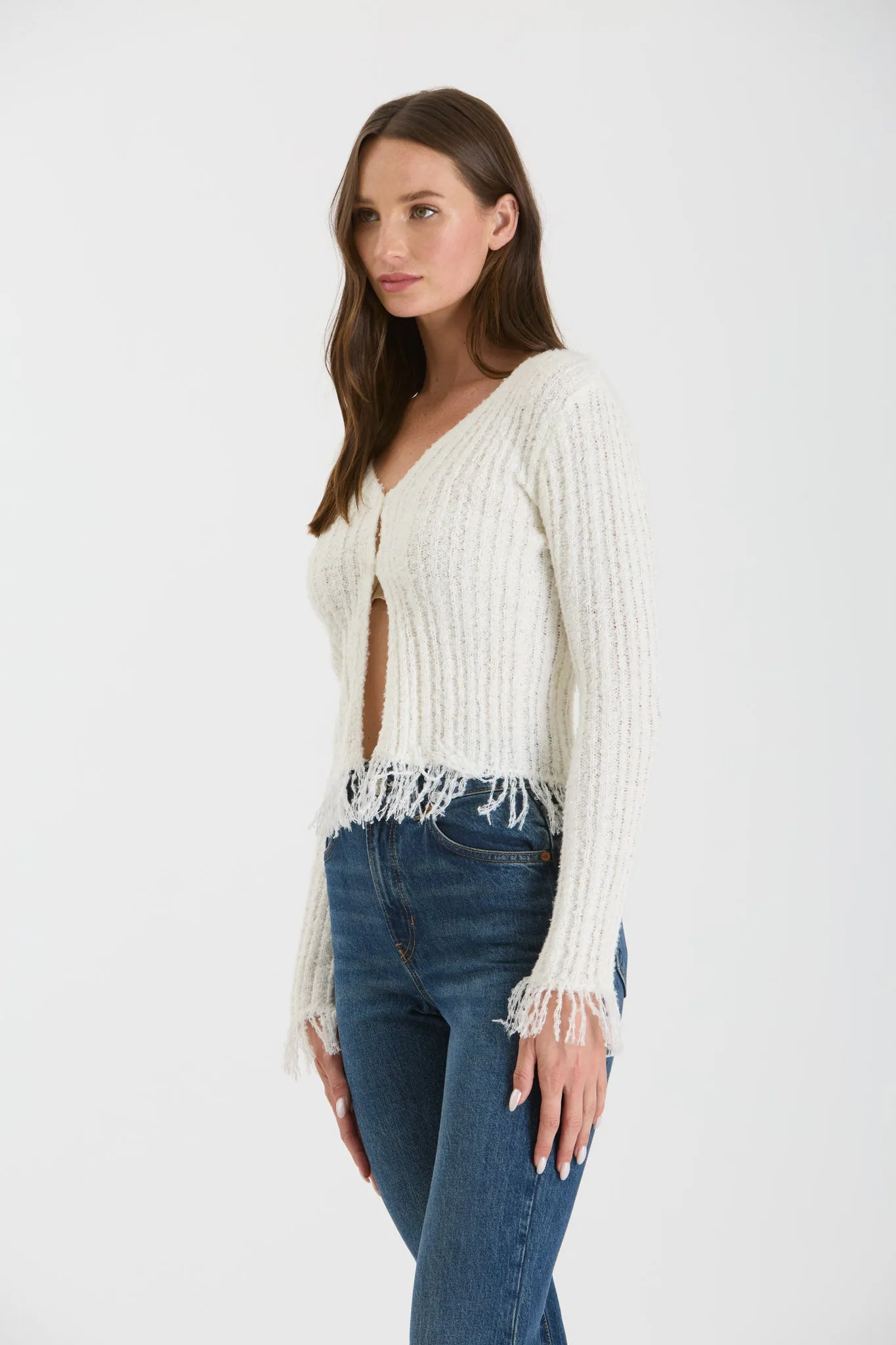 FRINGE V NECK BUTTON FRONT KNIT CARDIGAN | Parallel