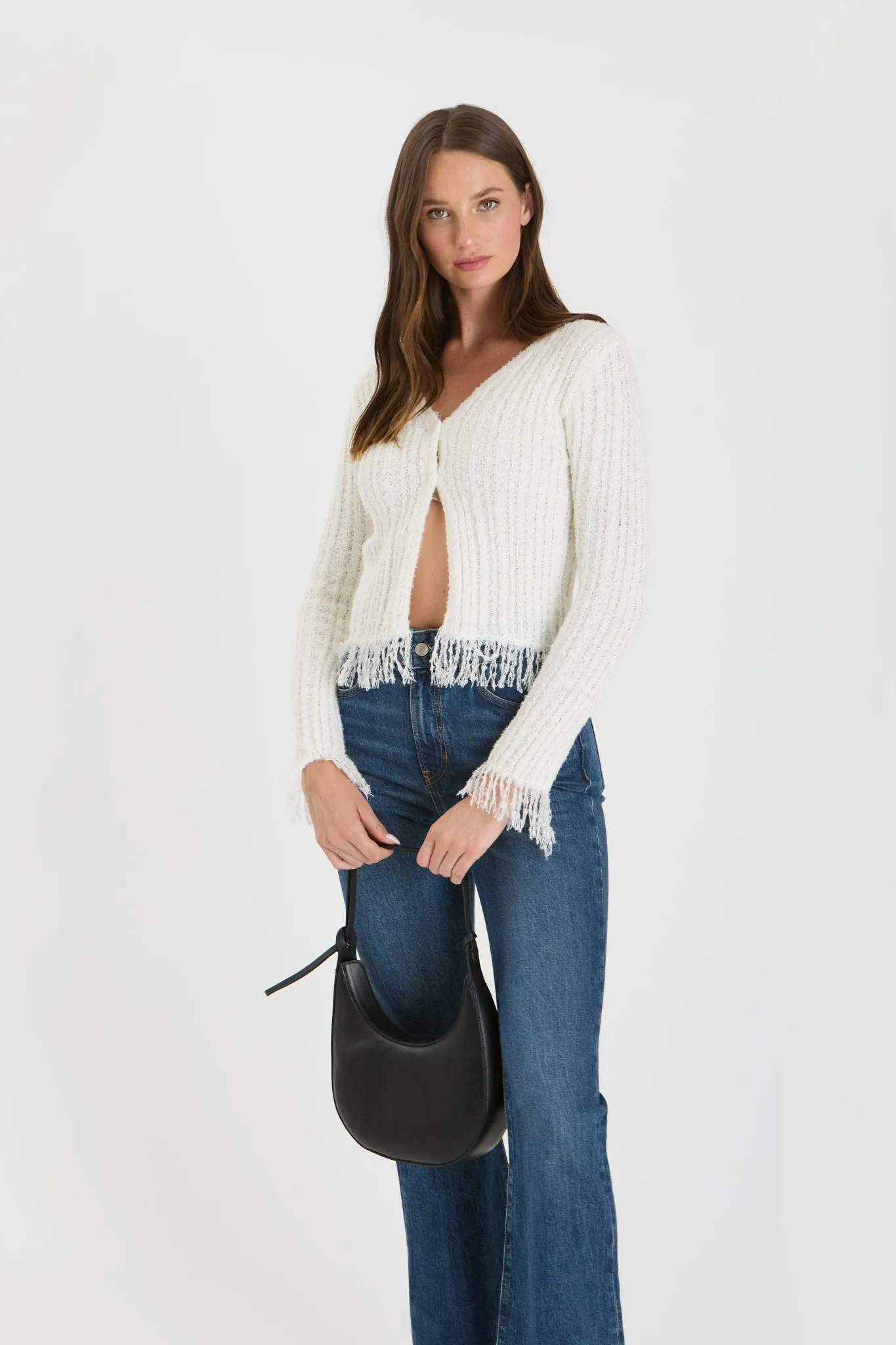 FRINGE V NECK BUTTON FRONT KNIT CARDIGAN | Parallel