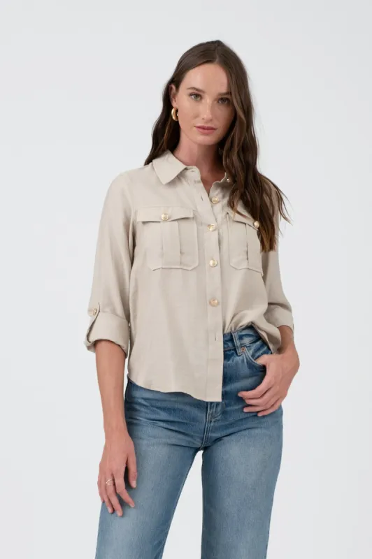 COLLARED GOLD BUTTON 3/4 TAB SLEEVE SHIRT sold by Blu Pepper