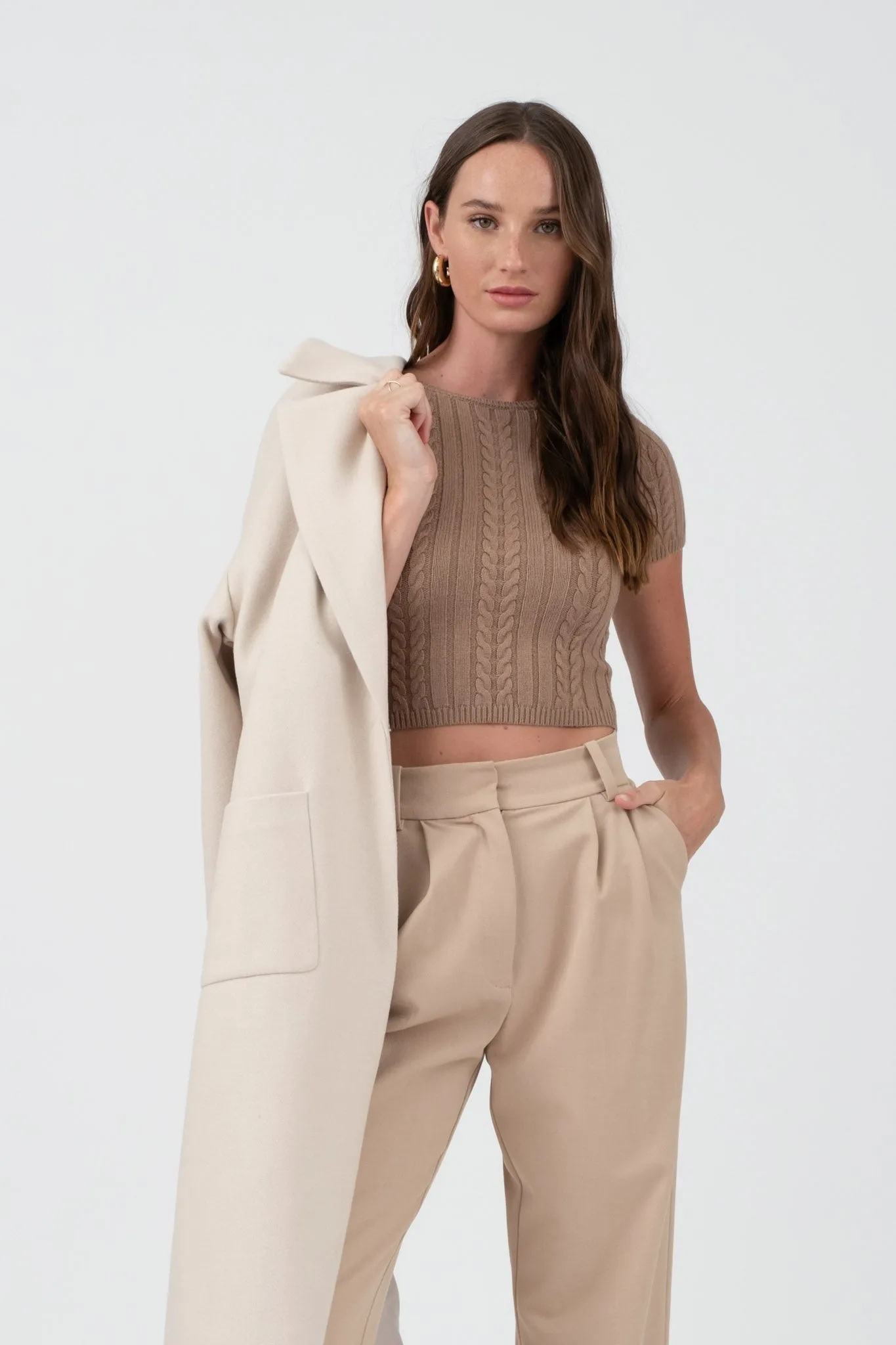 SHORT SLEEVE CABLE KNIT CROP TOP sold by Blu Pepper