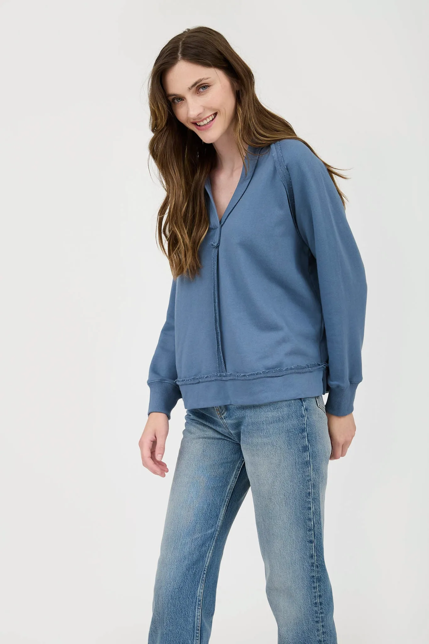 HOODED V NECK RAW EDGE LONG SLEEVE KNIT TOP sold by Blu Pepper product image thumbnail 3