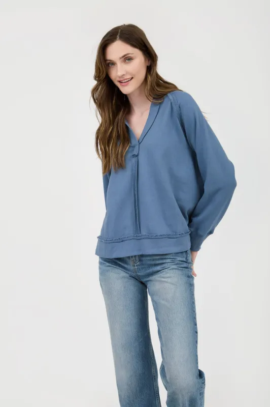 HOODED V NECK RAW EDGE LONG SLEEVE KNIT TOP sold by Blu Pepper