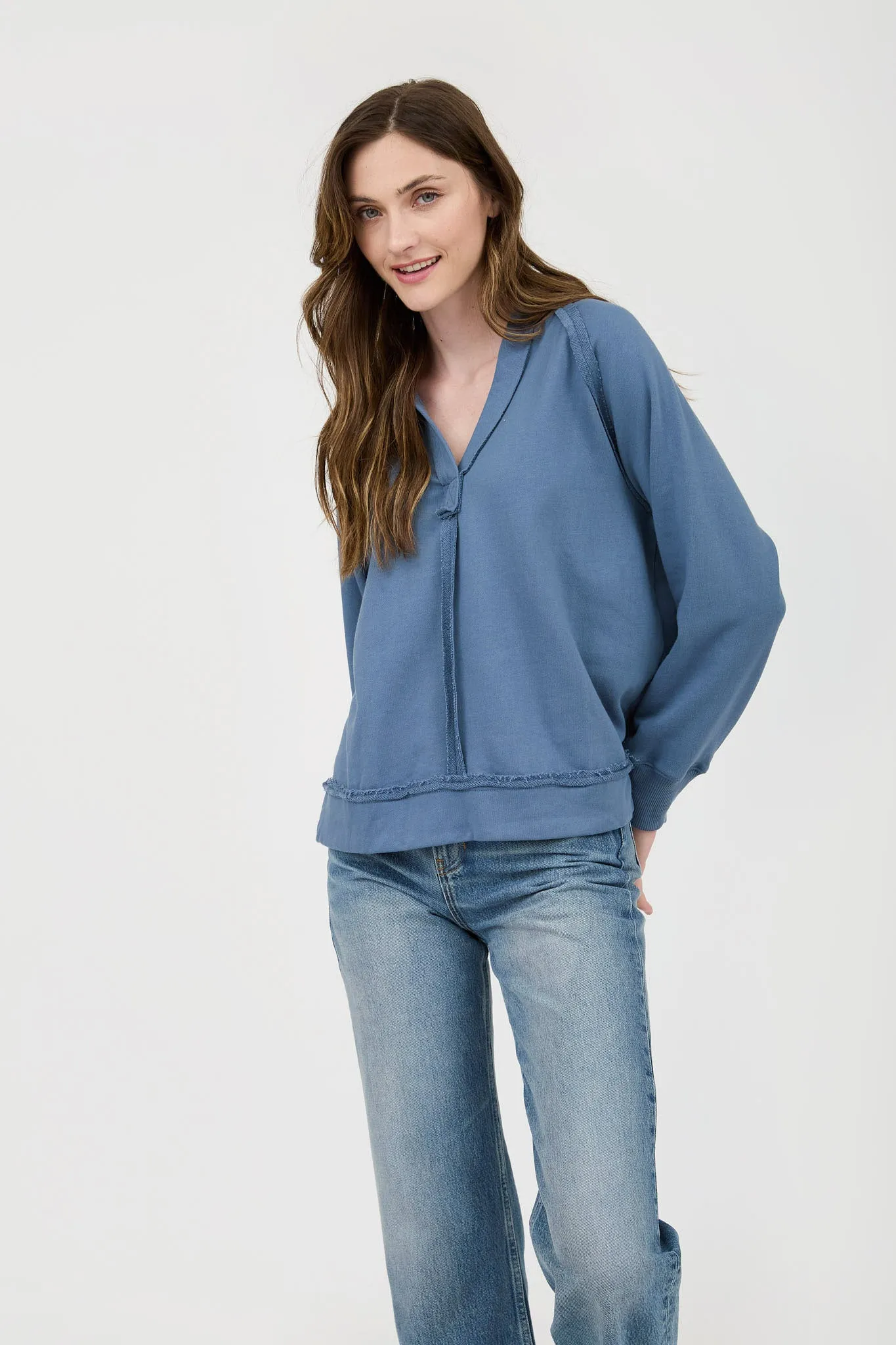 HOODED V NECK RAW EDGE LONG SLEEVE KNIT TOP sold by Blu Pepper