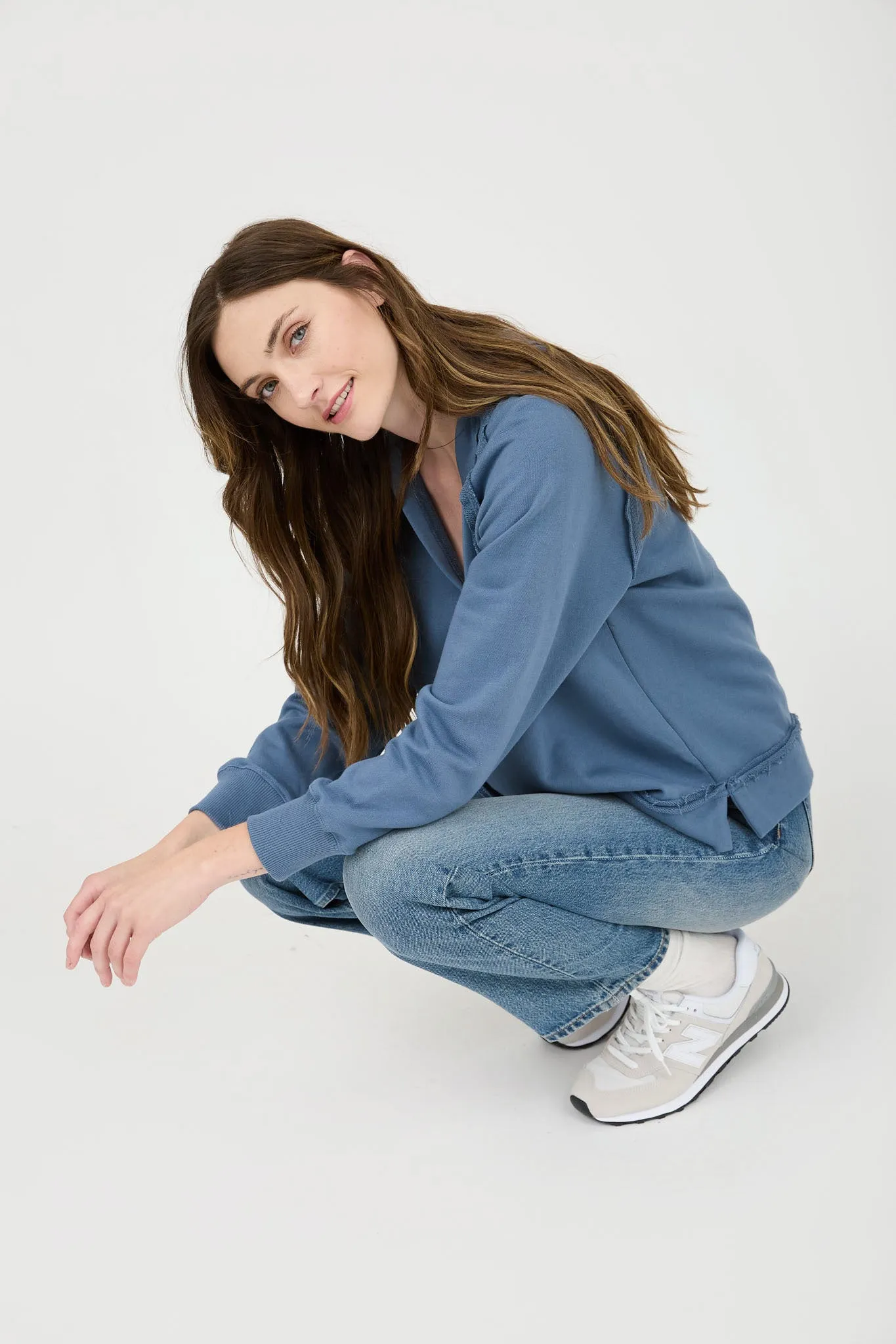 HOODED V NECK RAW EDGE LONG SLEEVE KNIT TOP sold by Blu Pepper product image thumbnail 4