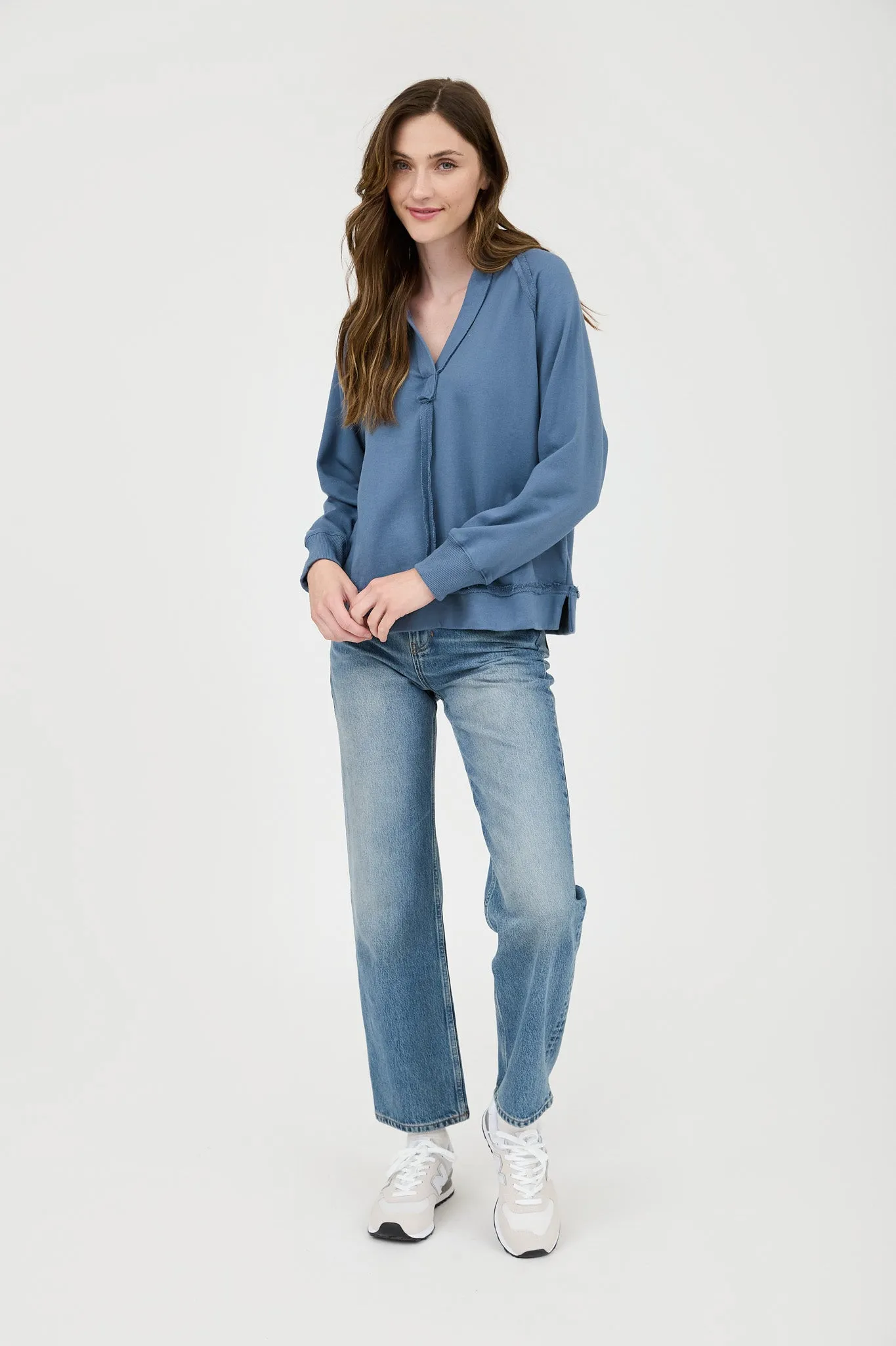 HOODED V NECK RAW EDGE LONG SLEEVE KNIT TOP sold by Blu Pepper product image thumbnail 5