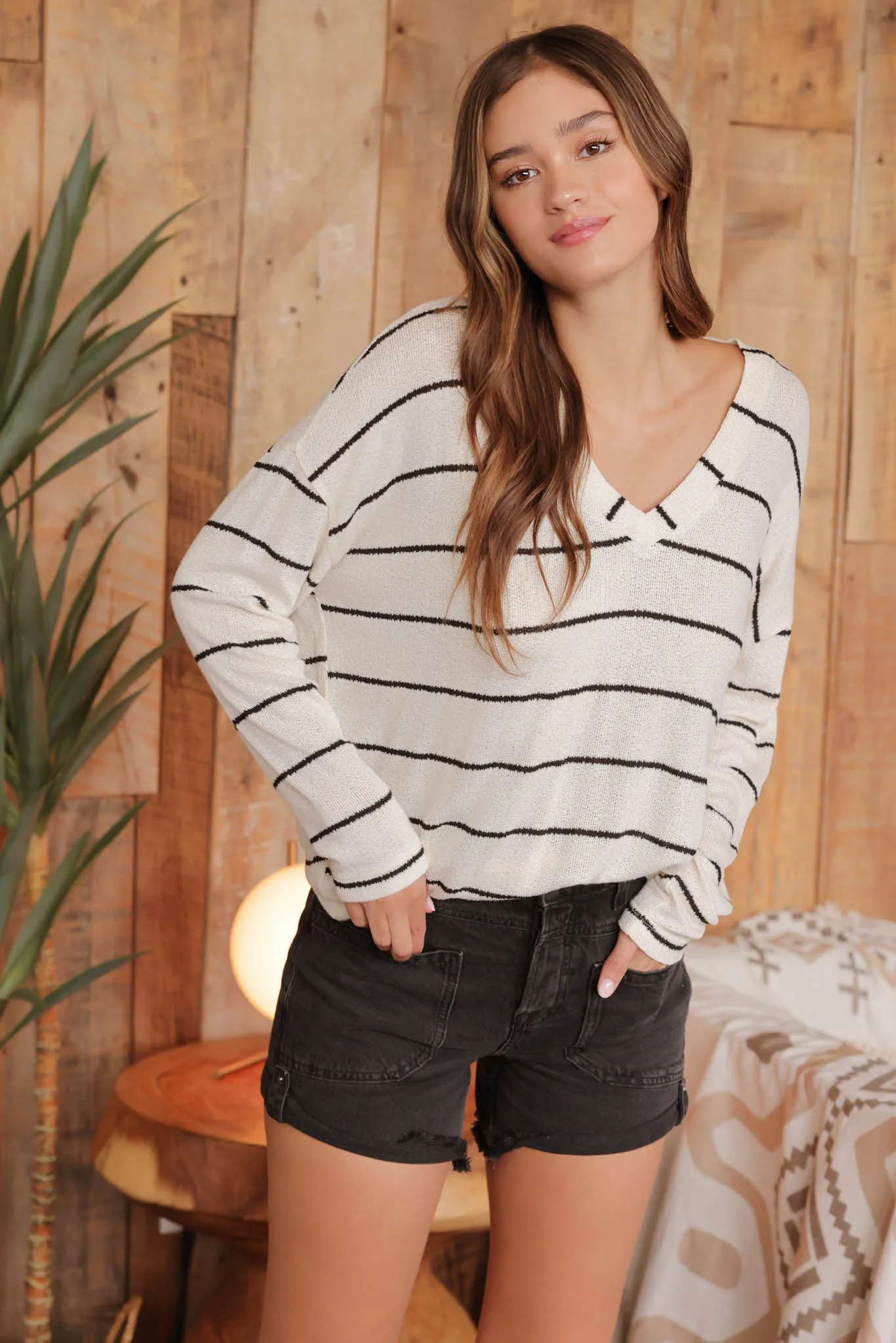STRIPE V NECK DROP SHOULDER LONG SLEEVE KNIT TOP sold by Blu Pepper