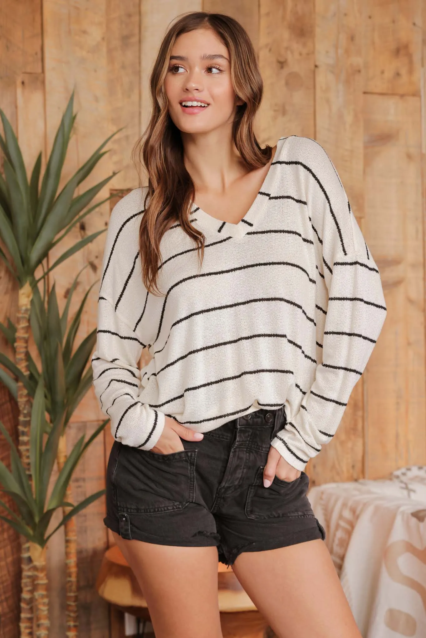 STRIPE V NECK DROP SHOULDER LONG SLEEVE KNIT TOP sold by Blu Pepper product image thumbnail 4