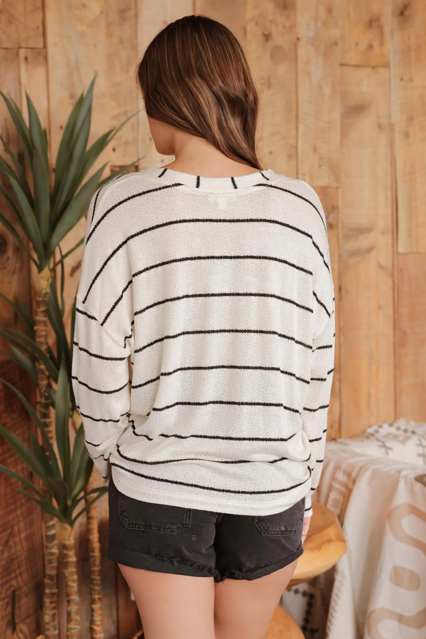 STRIPE V NECK DROP SHOULDER LONG SLEEVE KNIT TOP sold by Blu Pepper product image thumbnail 2