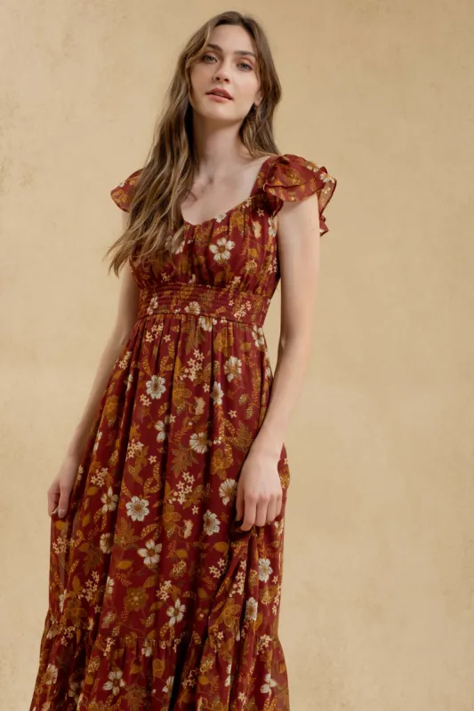 FLORAL RUFFLE SHORT SLEEVE BACK TIE MIDI DRESS sold by Blu Pepper