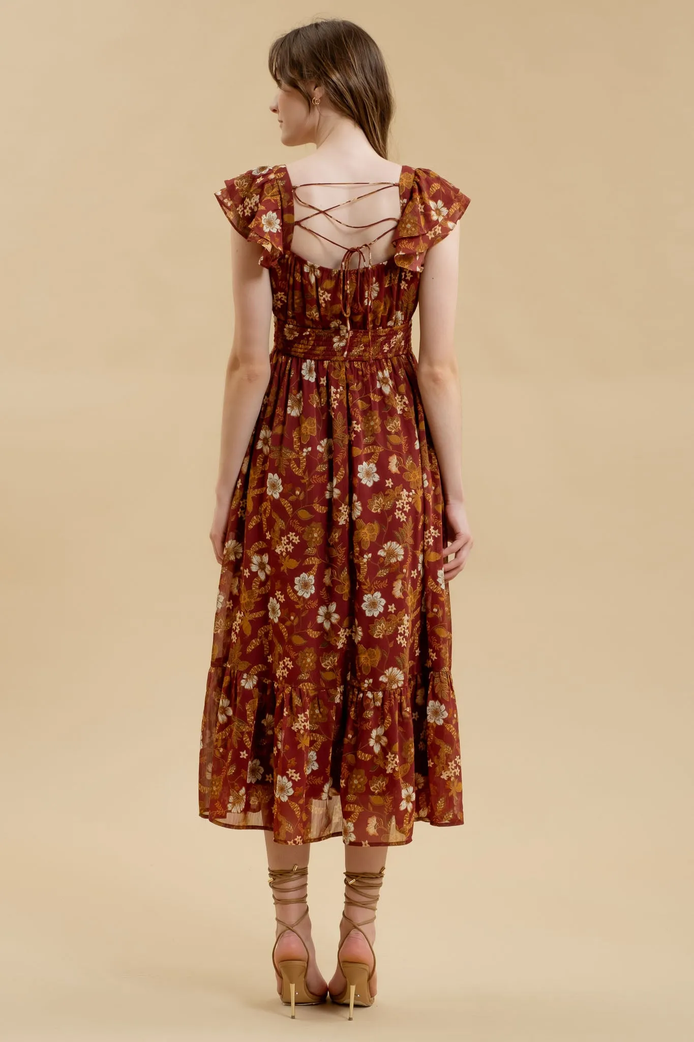 FLORAL RUFFLE SHORT SLEEVE BACK TIE MIDI DRESS sold by Blu Pepper product image thumbnail 2