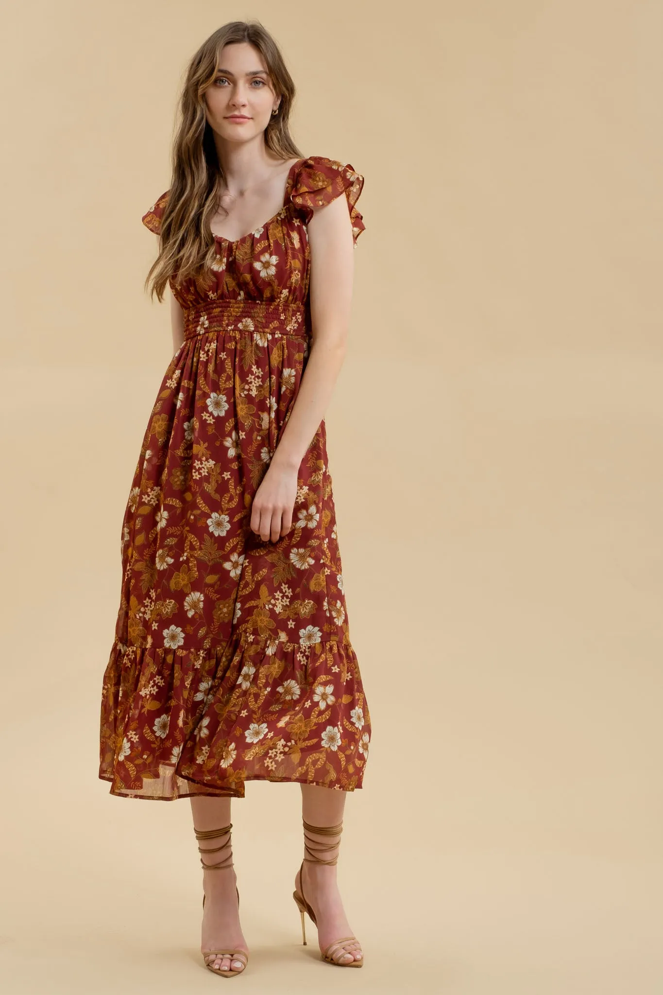 FLORAL RUFFLE SHORT SLEEVE BACK TIE MIDI DRESS sold by Blu Pepper product image thumbnail 5