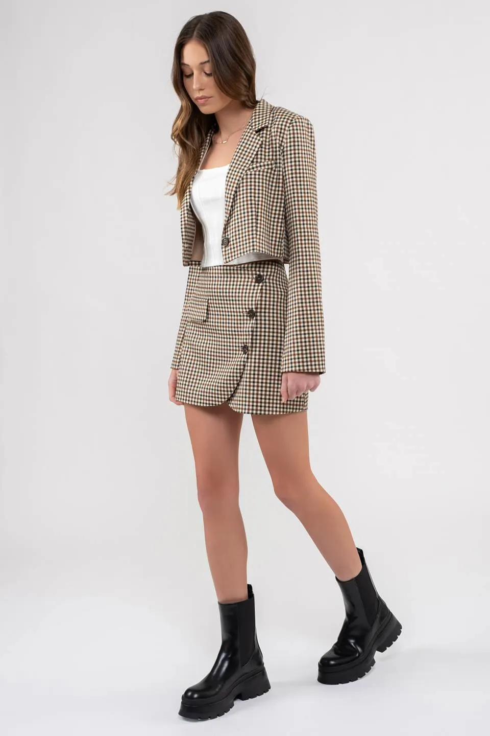 PLAID BUTTON FRONT CROPPED BLAZER sold by Blu Pepper product image thumbnail 4