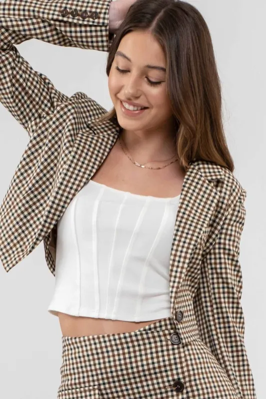PLAID BUTTON FRONT CROPPED BLAZER sold by Blu Pepper