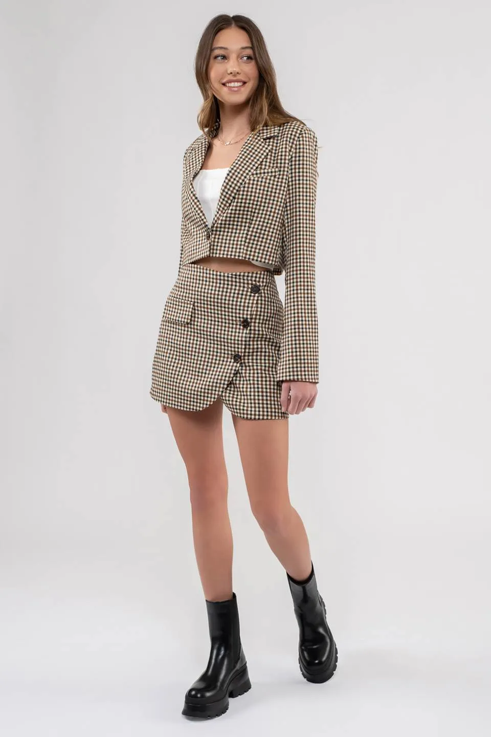 PLAID BUTTON FRONT CROPPED BLAZER sold by Blu Pepper product image thumbnail 5