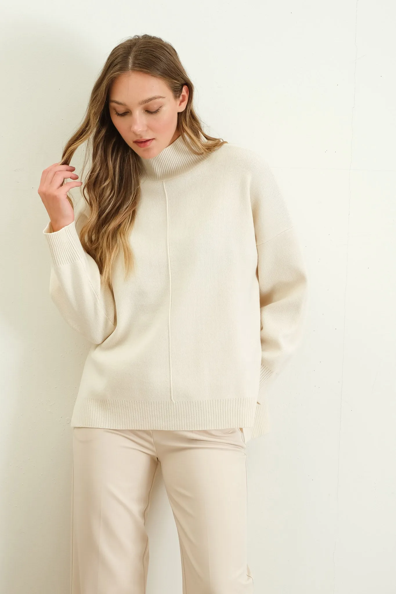 MOCK NECK FRONT SEAM PULLOVER SWEATER sold by Blu Pepper