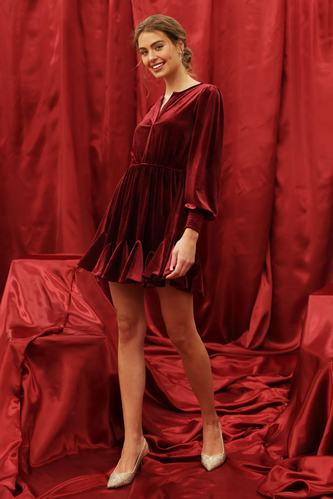 VELVET SPLIT COLLAR GODET MINI DRESS sold by Blu Pepper product image thumbnail 5