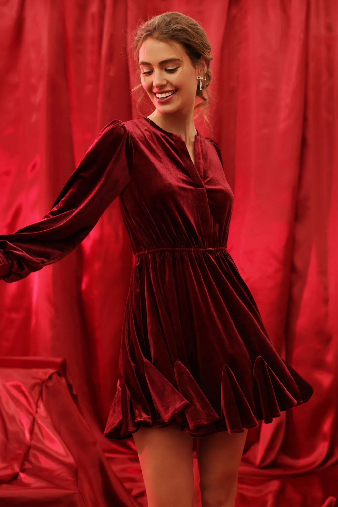 VELVET SPLIT COLLAR GODET MINI DRESS sold by Blu Pepper product image thumbnail 4