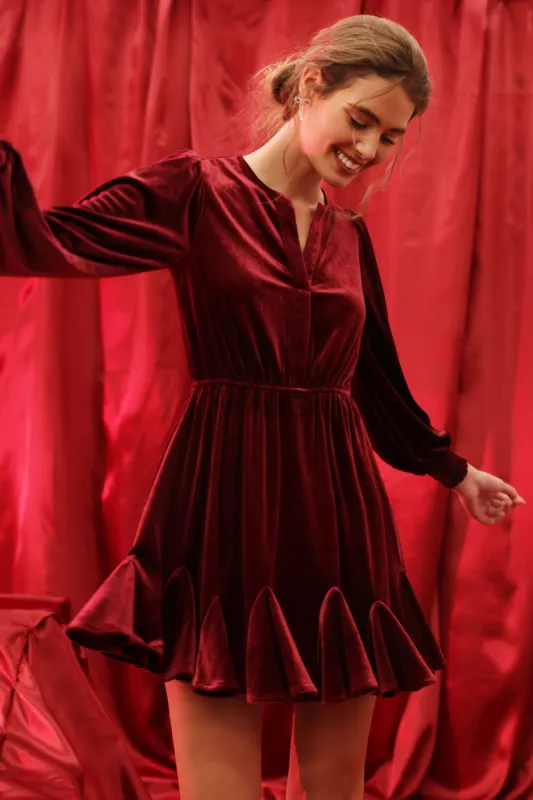 VELVET SPLIT COLLAR GODET MINI DRESS sold by Blu Pepper