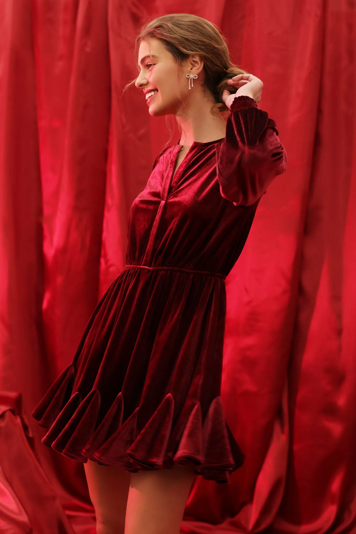 VELVET SPLIT COLLAR GODET MINI DRESS sold by Blu Pepper product image thumbnail 3