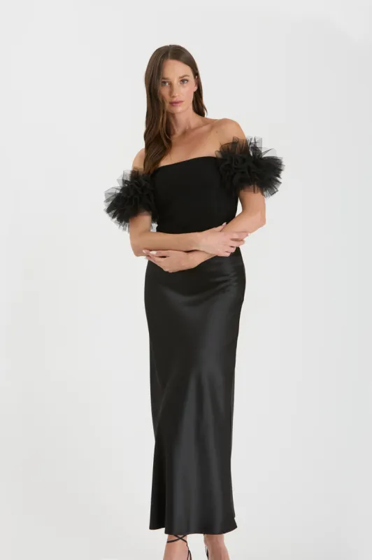 OFF THE SHOULDER TULLE SLEEVE KNIT CROP TOP sold by Blu Pepper