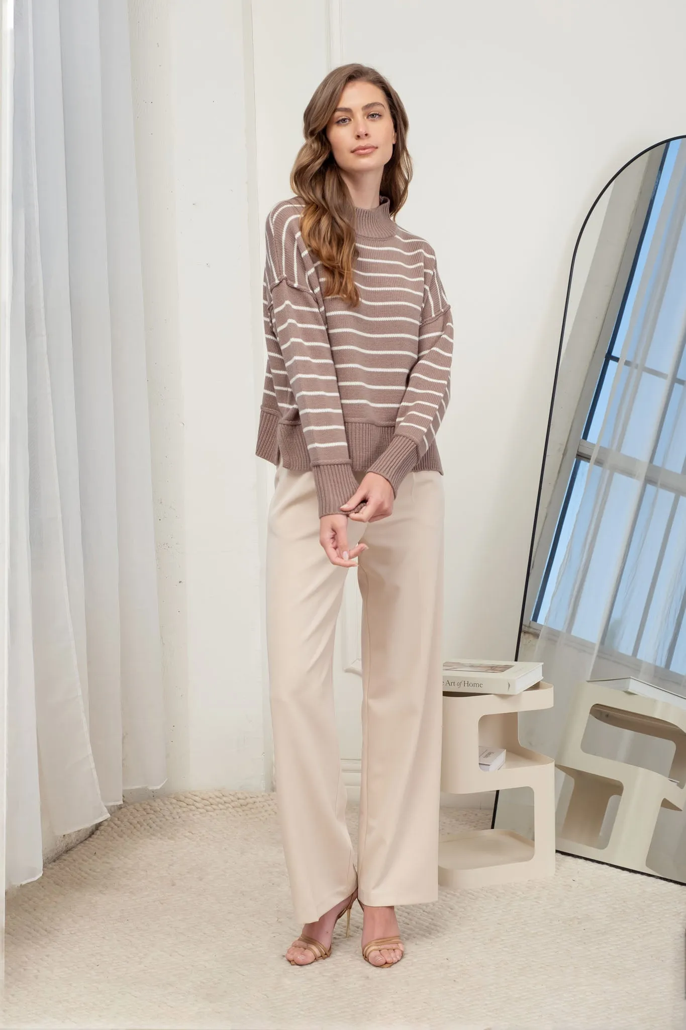 STRIPE MOCK NECK SIDE SPLIT KNIT PULLOVER SWEATER sold by Blu Pepper