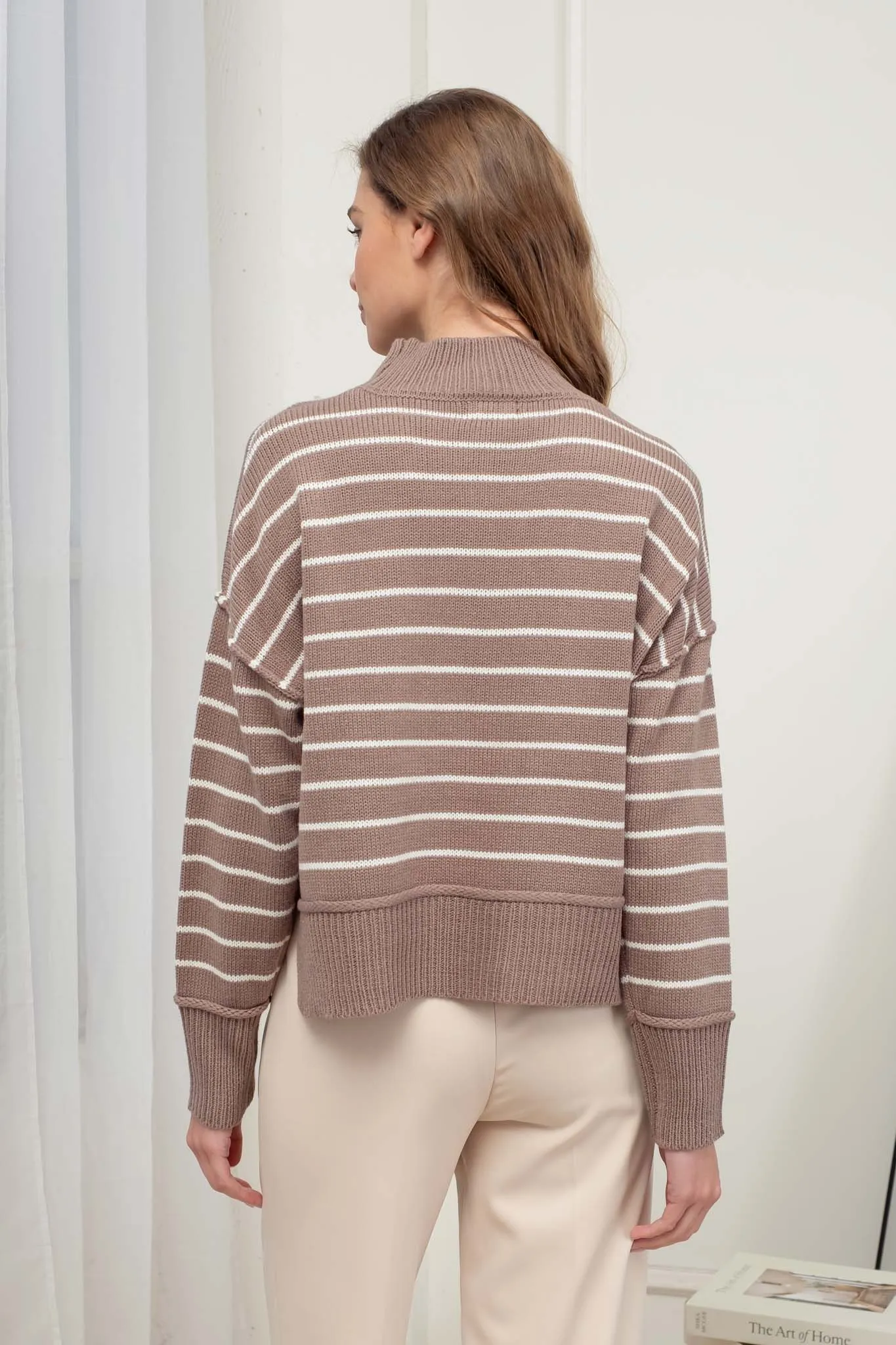 STRIPE MOCK NECK SIDE SPLIT KNIT PULLOVER SWEATER sold by Blu Pepper product image thumbnail 2