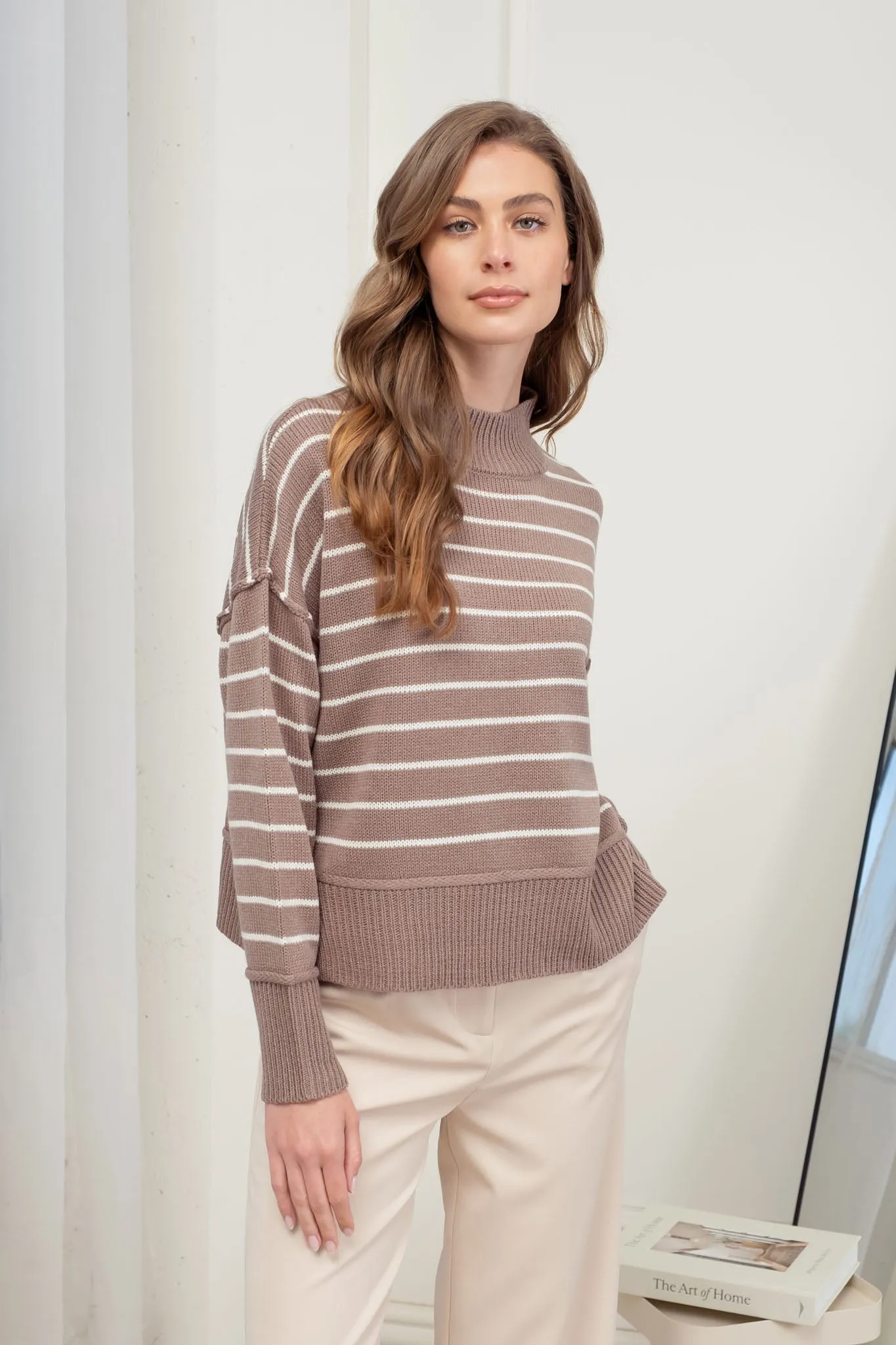 STRIPE MOCK NECK SIDE SPLIT KNIT PULLOVER SWEATER sold by Blu Pepper product image thumbnail 5