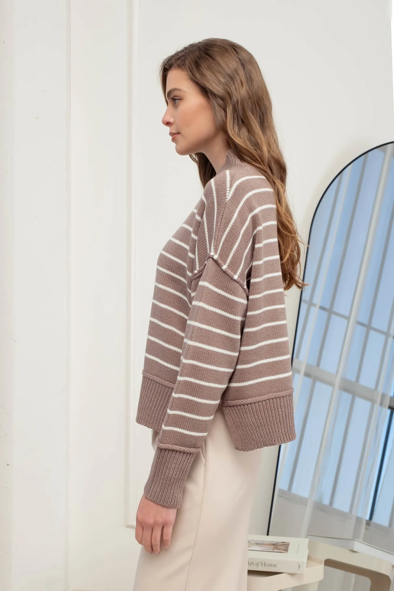 STRIPE MOCK NECK SIDE SPLIT KNIT PULLOVER SWEATER sold by Blu Pepper product image thumbnail 3