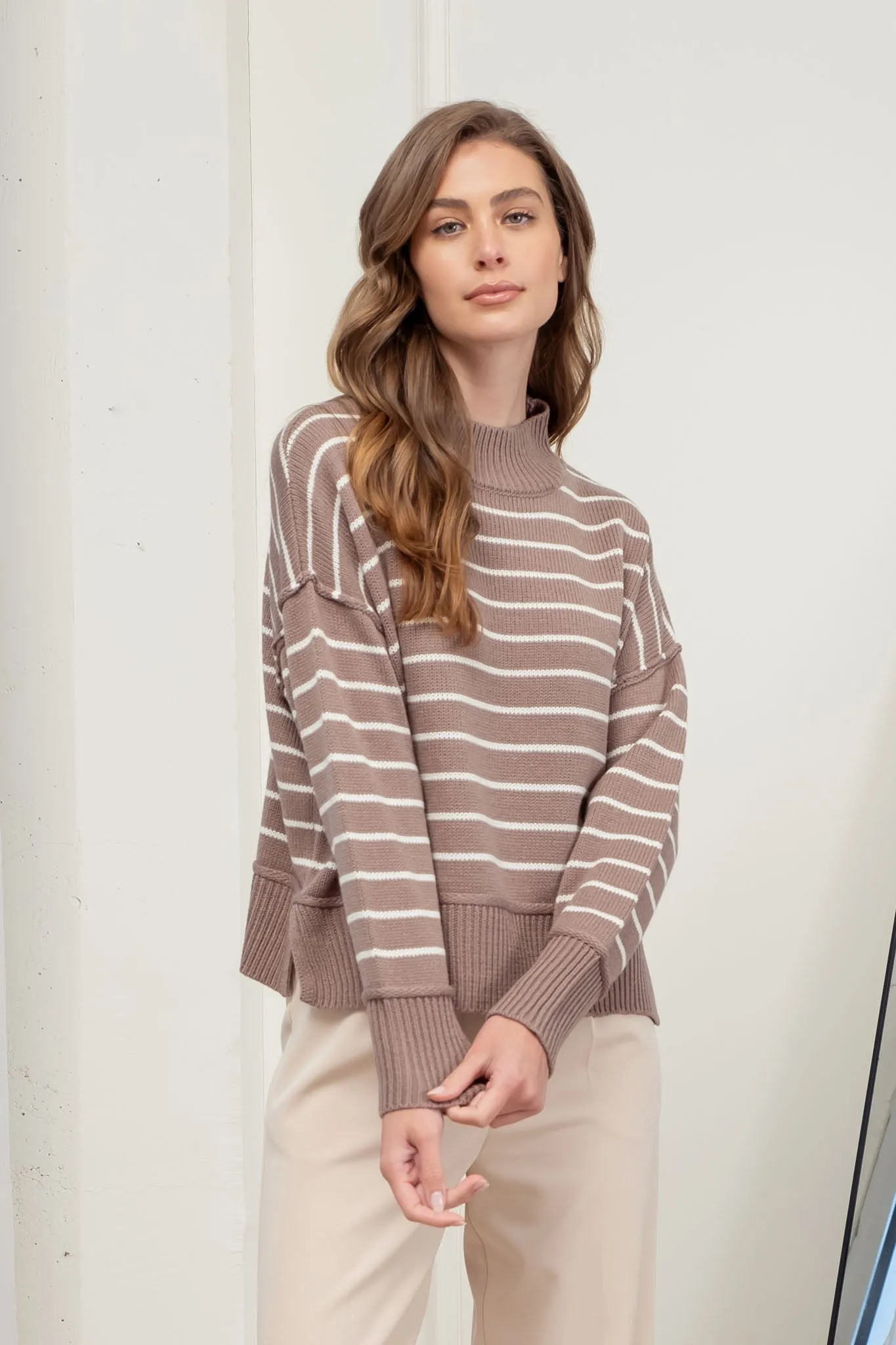 STRIPE MOCK NECK SIDE SPLIT KNIT PULLOVER SWEATER sold by Blu Pepper product image thumbnail 4