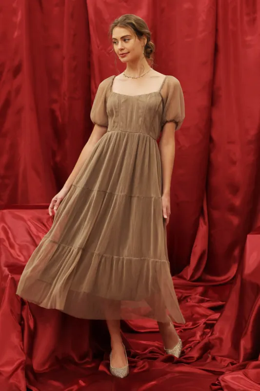 PUFF SLEEVE CORSET TIERED ORGANZA MIDI DRESS sold by Blu Pepper