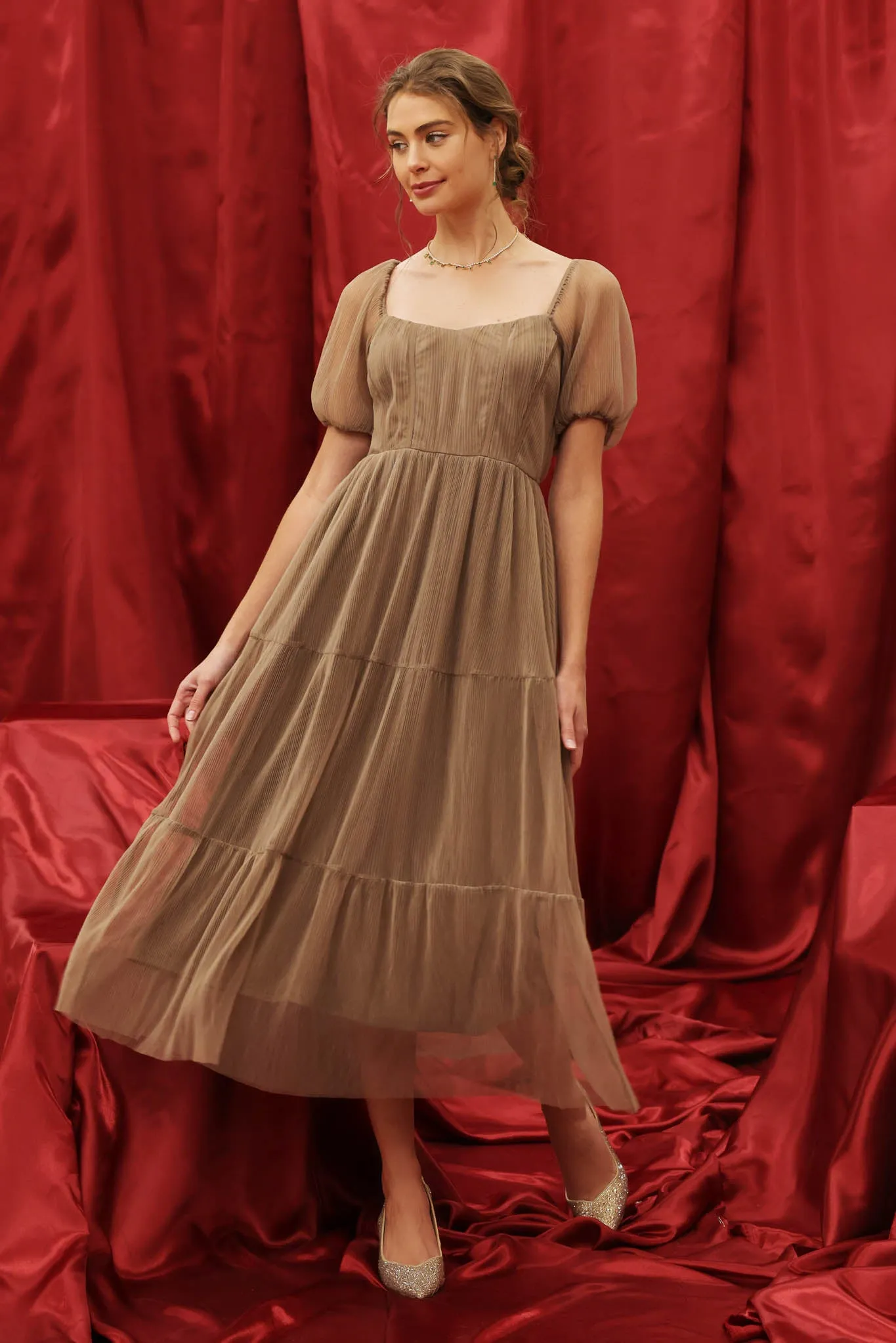 PUFF SLEEVE CORSET TIERED ORGANZA MIDI DRESS sold by Blu Pepper