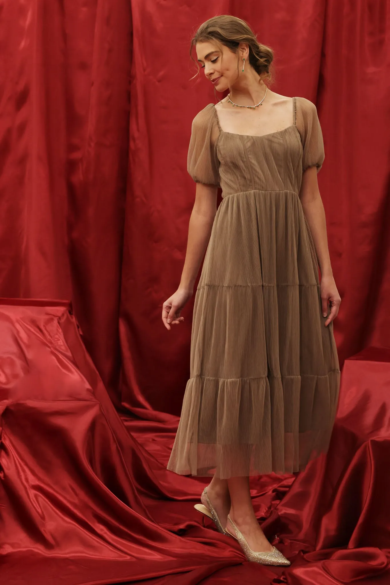 PUFF SLEEVE CORSET TIERED ORGANZA MIDI DRESS sold by Blu Pepper product image thumbnail 3