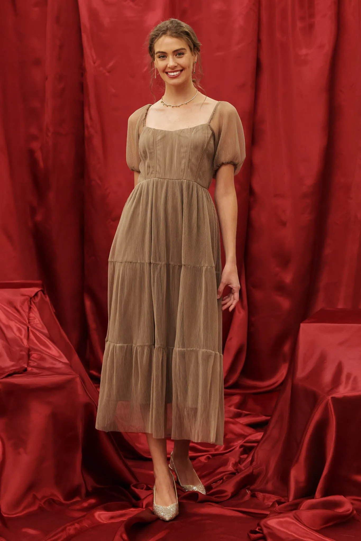 PUFF SLEEVE CORSET TIERED ORGANZA MIDI DRESS sold by Blu Pepper product image thumbnail 4