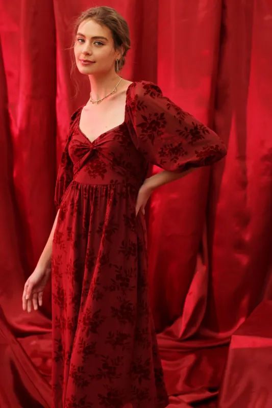 FLORAL VELVET LONG SLEEVE TWIST FRONT MIDI DRESS sold by Blu Pepper