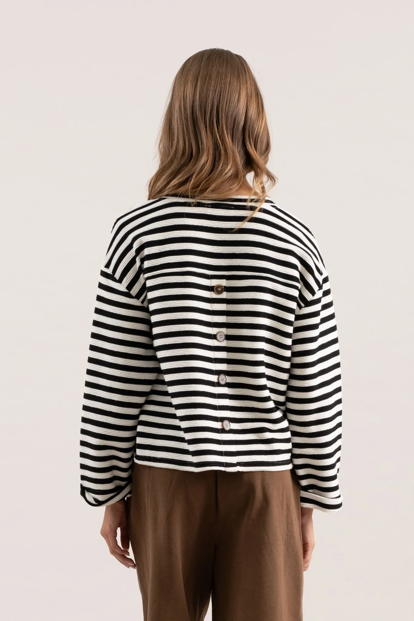 STRIPE WIDE LONG SLEEVE BACK BUTTON KNIT TOP sold by Blu Pepper product image thumbnail 2