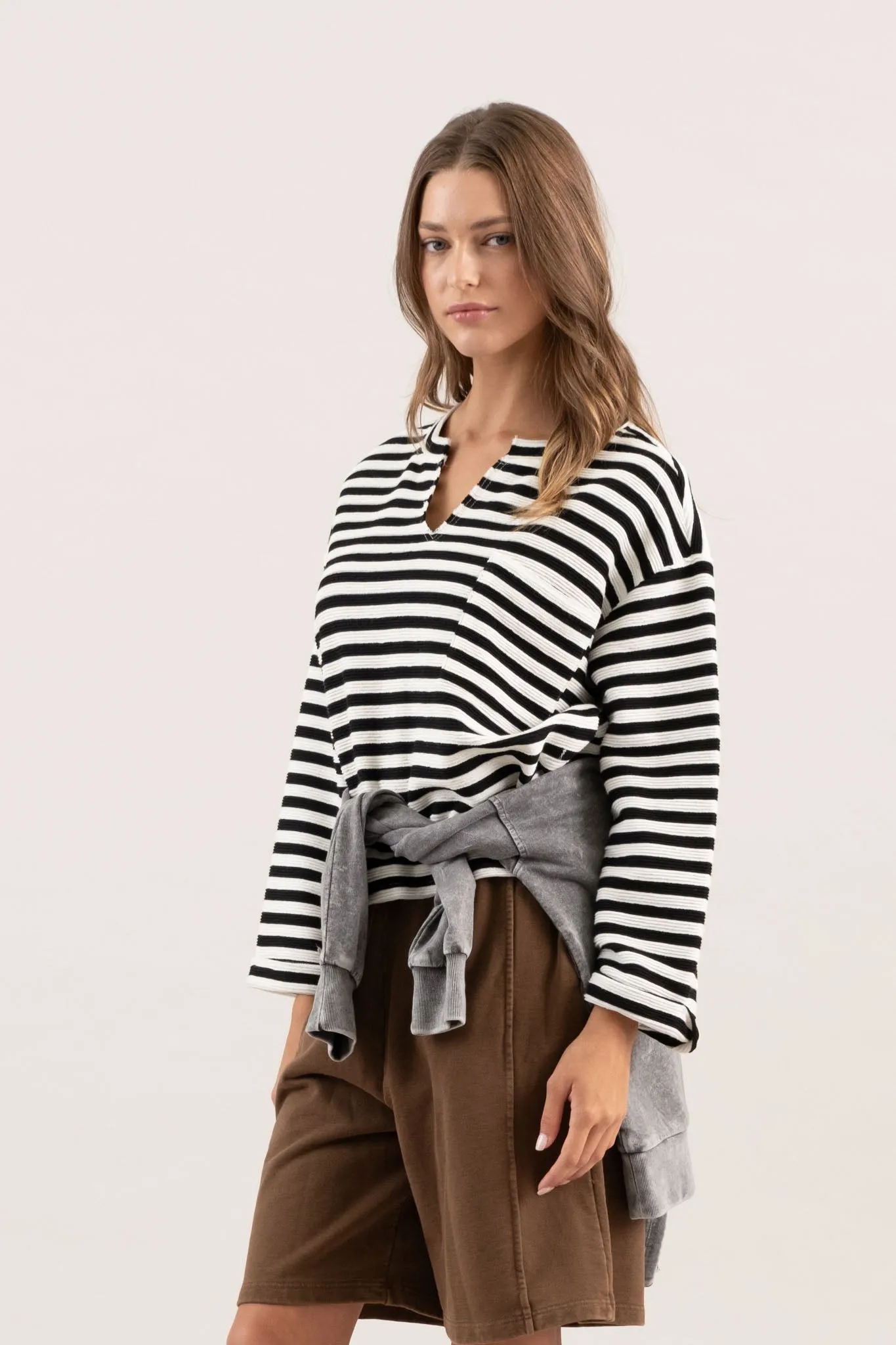 STRIPE WIDE LONG SLEEVE BACK BUTTON KNIT TOP sold by Blu Pepper product image thumbnail 3