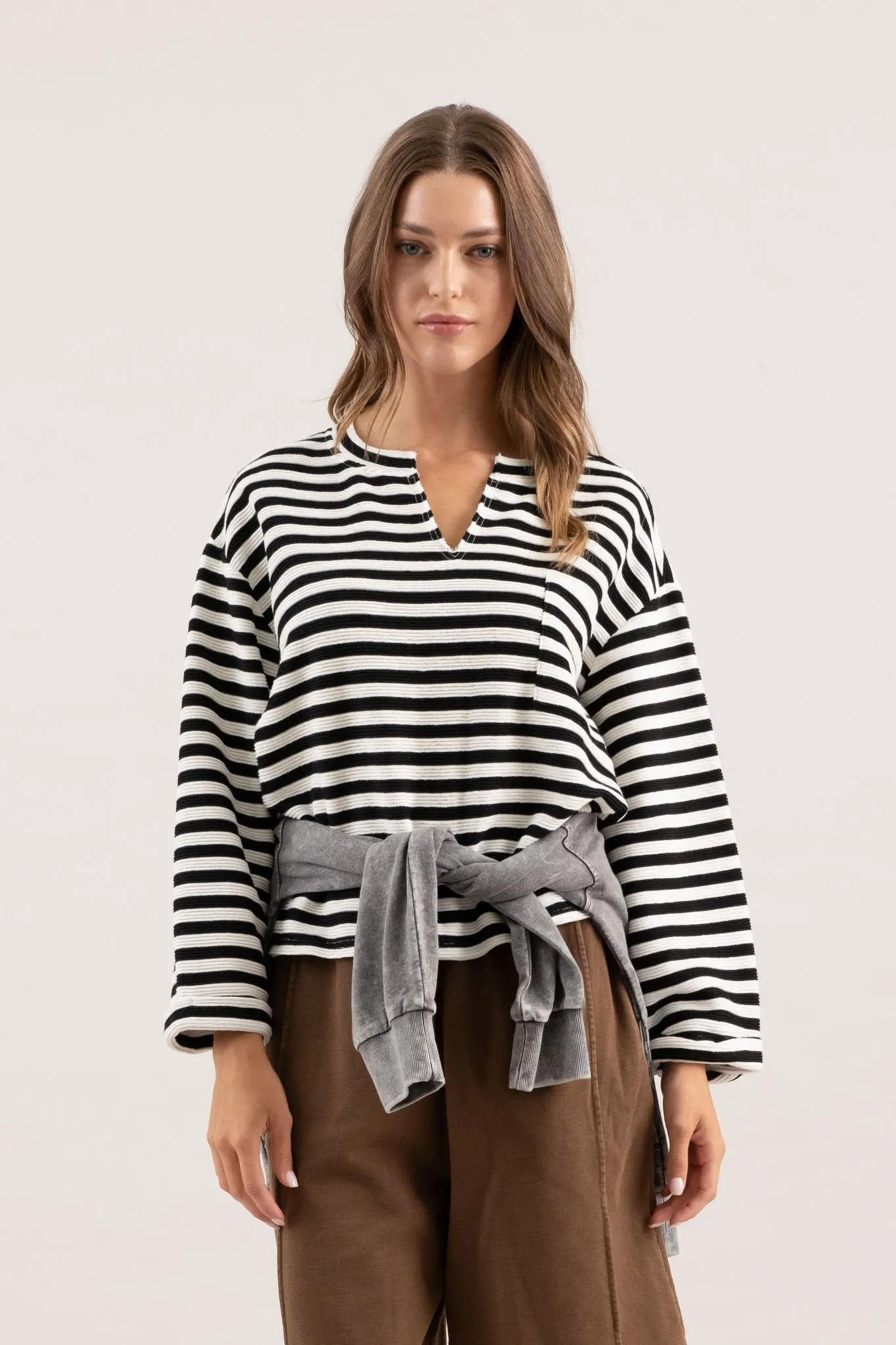 STRIPE WIDE LONG SLEEVE BACK BUTTON KNIT TOP sold by Blu Pepper product image thumbnail 4