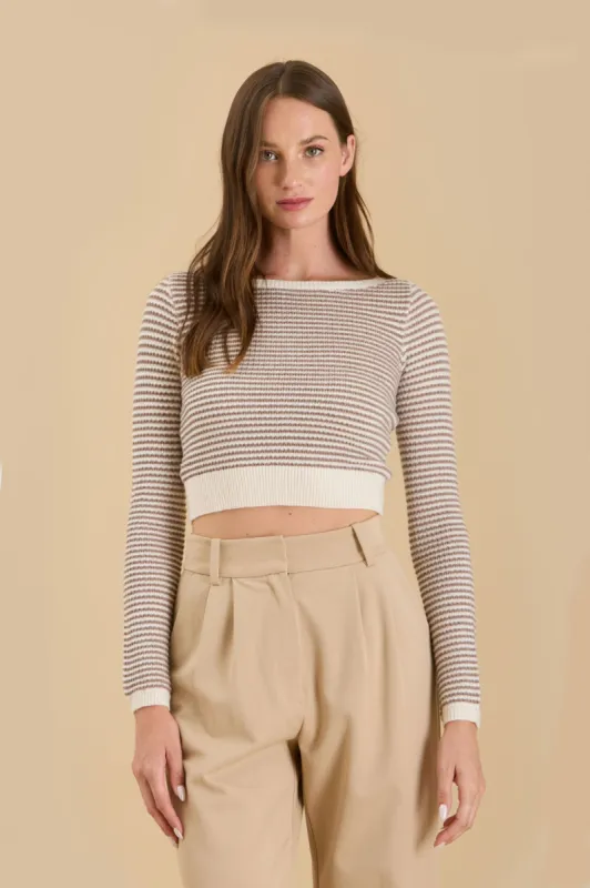 STRIPE BOAT NECK KNIT LONG SLEEVE CROPPED SWEATER sold by Blu Pepper