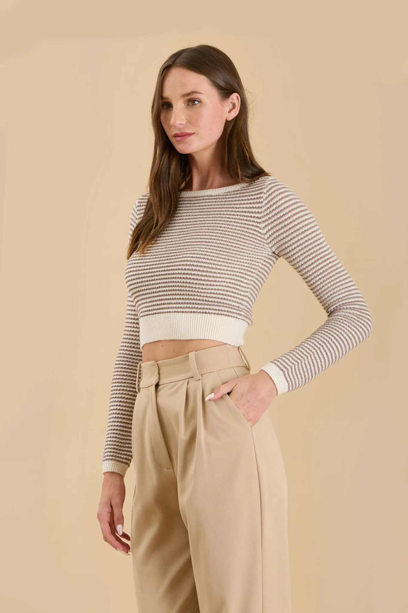 STRIPE BOAT NECK KNIT LONG SLEEVE CROPPED SWEATER sold by Blu Pepper product image thumbnail 3