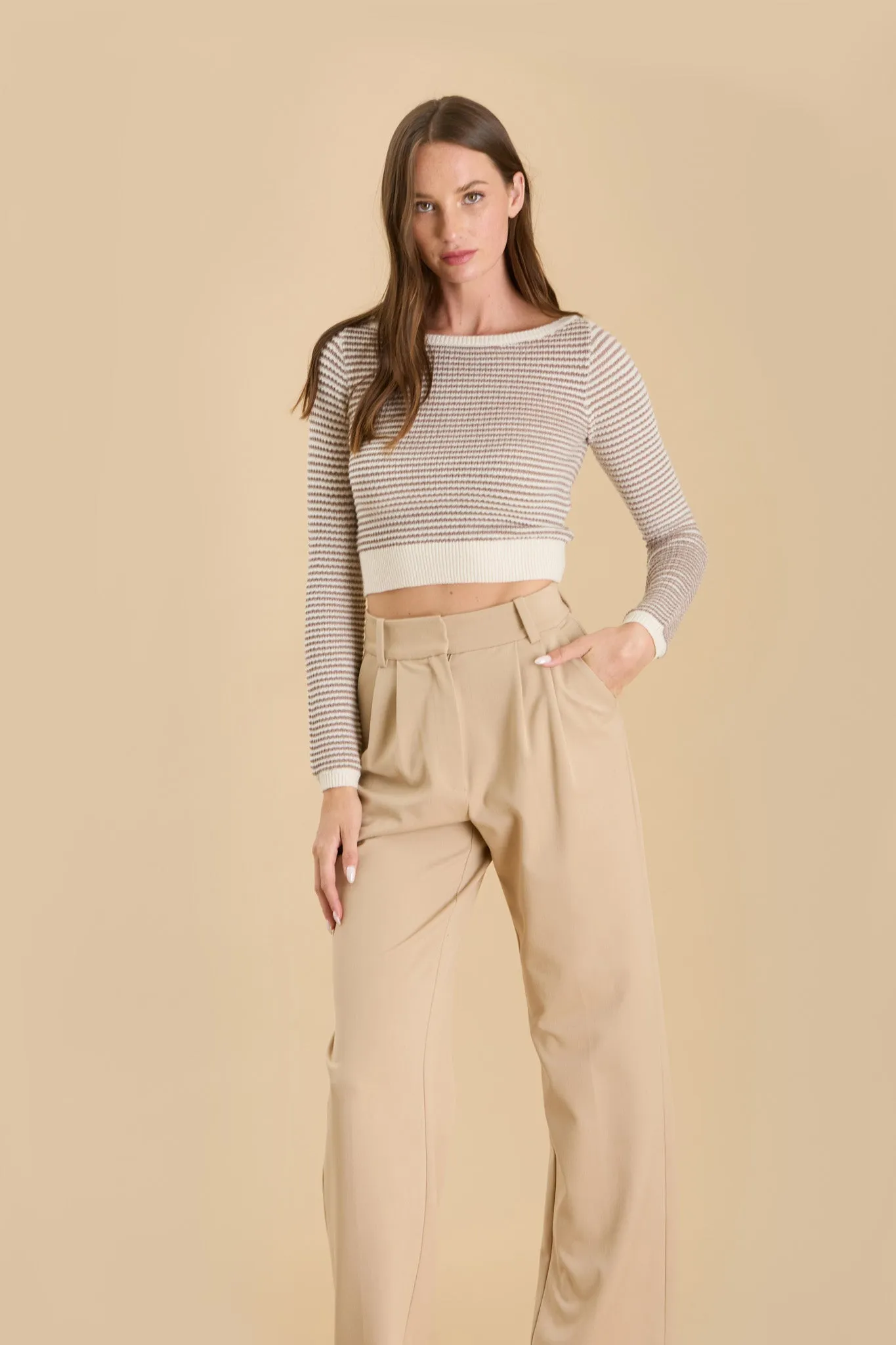 STRIPE BOAT NECK KNIT LONG SLEEVE CROPPED SWEATER sold by Blu Pepper product image thumbnail 4