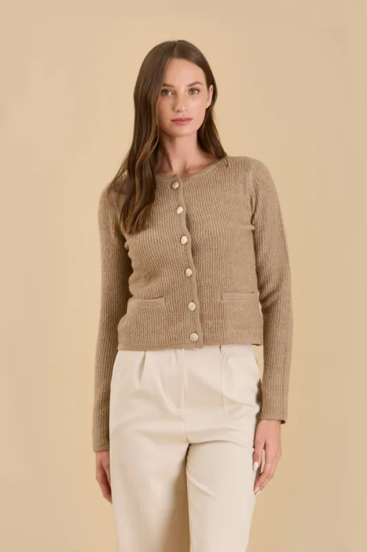 ROUND NECK GOLD BUTTON KNIT CARDIGAN sold by Blu Pepper