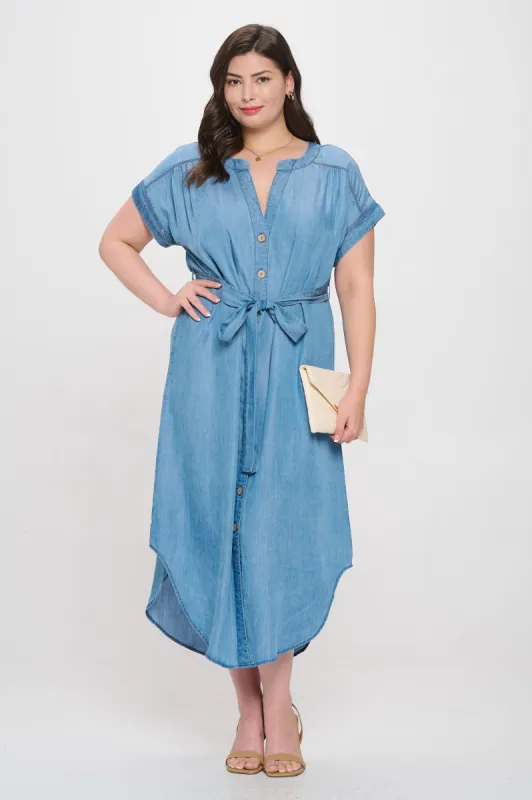 PLUS CHAMBRAY BUTTON DOWN BELTED MIDI DRESS sold by Blu Pepper