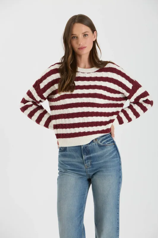 STRIPE CREWNECK CABLE KNIT KNIT SWEATER made by Blu Pepper