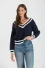 CONTRAST LINE V NECK LONG SLEEVE KNIT SWEATER sold by Blu Pepper