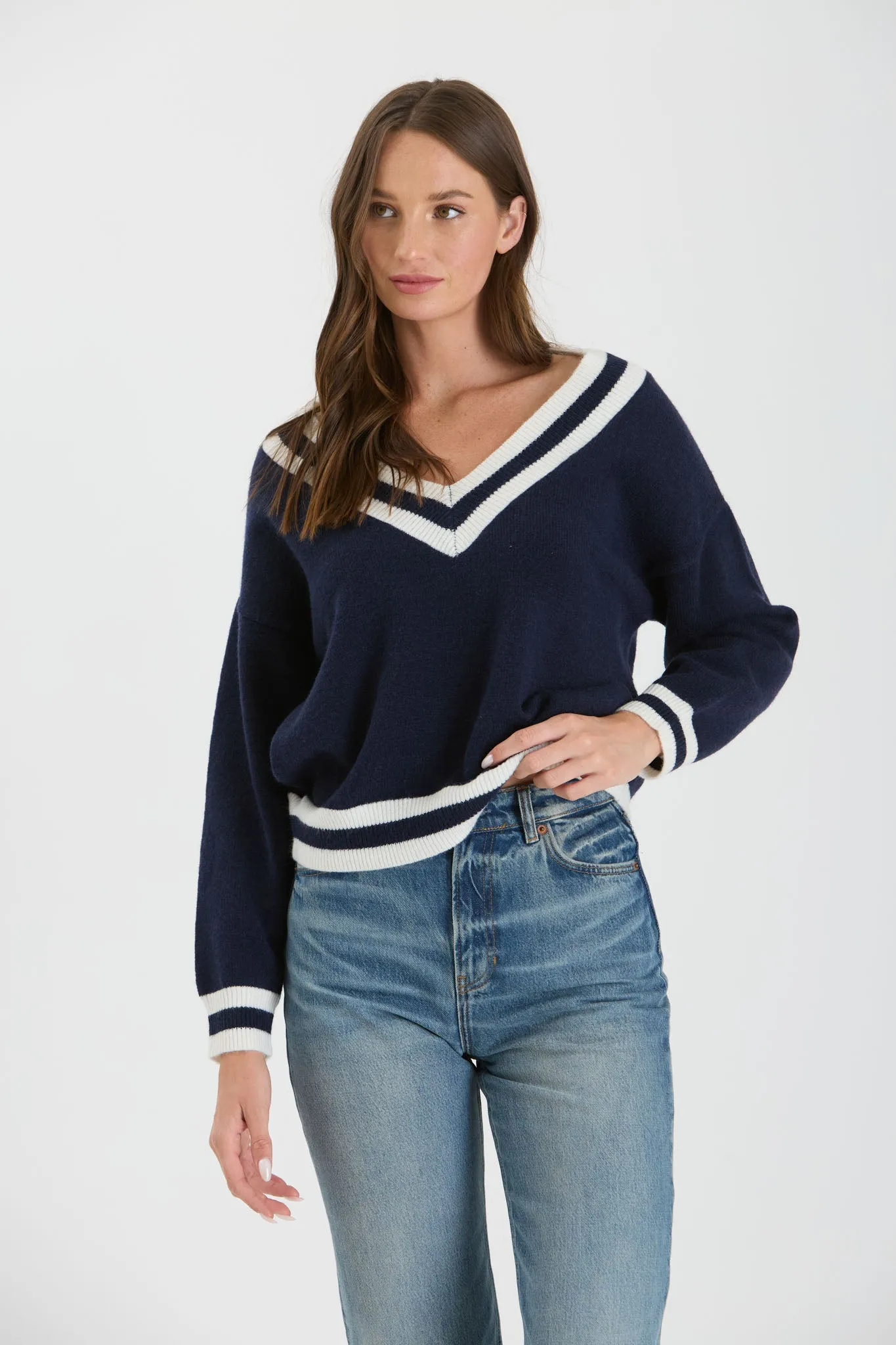 CONTRAST LINE V NECK LONG SLEEVE KNIT SWEATER sold by Blu Pepper product image thumbnail 3